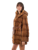 Coat 78cm gold gold 54 horizontal mink hood button collar long sleeve external pocket - Image 3