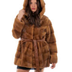 Coat 82cm gold gold 48 horizontal mink hood button collar long sleeve external pocket