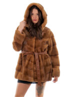 Cappotto 82cm gold oro 52 visone orizzontale cappuccio bottone collo manica lunga tasca esterna