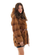 Cappotto 82cm gold oro 52 visone orizzontale cappuccio bottone collo manica lunga tasca esterna