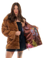 Cappotto 82cm gold oro 52 visone orizzontale cappuccio bottone collo manica lunga tasca esterna