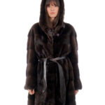 Coat Hood Button Collar 94cm Mahogany 52 Mink Horizontal Long Sleeve External Pocket