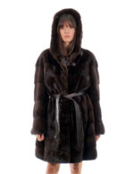 Coat Hood Button Collar 94cm Mahogany 56 Mink Horizontal Long Sleeve Outdoor Pocket