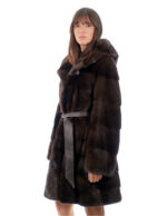 Mantel Kapuze Knopfkragen 94cm Mahagoni 52 Mink Horizontale Langarm-Außentasche – Bild 3