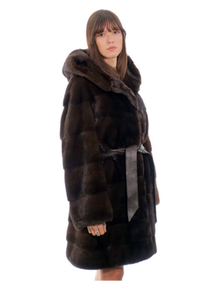 Cappotto cappuccio bottone collo 94cm mogano 56 visone orizzontale manica lunga tasca esterna