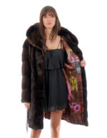 Mantel Kapuze Knopfkragen 94cm Mahagoni 52 Mink Horizontale Langarm-Außentasche – Bild 6