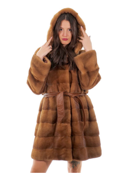 Cappotto cappuccio bottone collo 94cm oro gold 54 visone orizzontale manica lunga tasca esterna