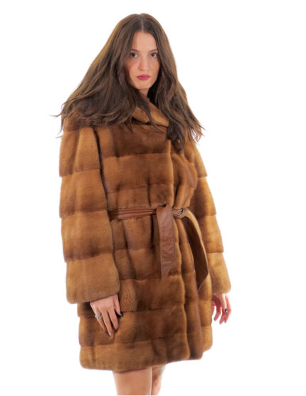 Cappotto cappuccio bottone collo 94cm oro gold 50 visone orizzontale manica lunga tasca esterna