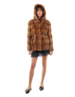 Horizontal mink jacket 70cm hood 46 gold button collar long sleeve belt leather - Image 4