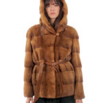 Horizontal mink jacket 70cm hood 46 gold button collar long sleeve belt leather