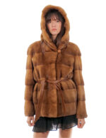 Horizontal mink jacket 70cm hood 46 gold button collar long sleeve belt leather