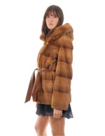Horizontal mink jacket 70cm hood 46 gold button collar long sleeve belt leather - Image 3