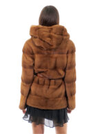 Horizontal mink jacket 70cm hood 46 gold button collar long sleeve belt leather - Image 5