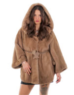 Норковая накидка 48-56 пастельные тона, пончо, полная кожа, короткий рукав, внутренний пояс, кожаный воротник на пуговицах