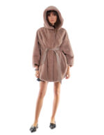 Норковая накидка 48-56 серо-коричневое пончо, полная кожа, короткий рукав, внутренний пояс, кожаный воротник на пуговицах — изображение 4