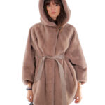 Норковая накидка 48-56 серо-коричневое пончо, полная кожа, короткий рукав, внутренний пояс, кожаный воротник на пуговицах