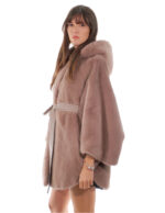 Норковая накидка 48-56 серо-коричневое пончо, полная кожа, короткий рукав, внутренний пояс, кожаный воротник на пуговицах — изображение 3