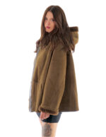 Lammfellmantel 48 olivbraun Kordelzug Saum und Ärmelbündchen Pelzinnenseite aus Leder Kapuze Reißverschluss – Bild 3