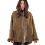 Sheepskin Coat 52 Olive Brown Drawstring Bottom and Cuffs Fur Inner Leather Out Hood Zip
