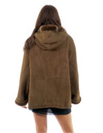 Lammfell Mantel 52 olivbraun Kordelzug Saum und Ärmelbündchen Pelz Innenleder Kapuze nach außen Reißverschluss – Bild 5