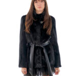 Horizontal mink jacket 68cm black 42 below cost black piping button collar long sleeve belt leather