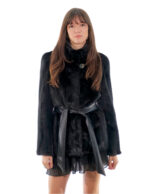 Horizontal mink jacket 68cm black 42 below cost black piping button collar long sleeve belt leather
