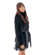 Horizontal mink jacket 68cm black 42 below cost black piping button collar long sleeve belt leather - Image 2