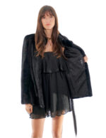 Horizontal mink jacket 68cm black 42 below cost black piping button collar long sleeve belt leather - Image 6