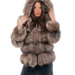 Fox jacket 66 cm long 44 silver fur gray second life with hood hook closure