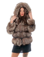 Fox jacket 66 cm long 44 silver fur gray second life with hood hook closure