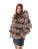 Fox jacket 66 cm long 44 silver fur gray second life with hood hook closure - Image 3