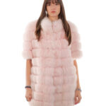 Horizontal pink fox coat 44 with half sleeve closure hooks collar pistagna external pockets