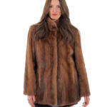 Pelle intera visone pelliccia 50 demi buff marrone manica lunga collo pistagna chiusura ganci