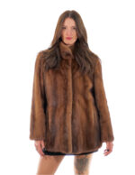 Full Leather Mink Fur 50 Demi Buff Brown Long Sleeve Pistagna Collar Closure Hooks