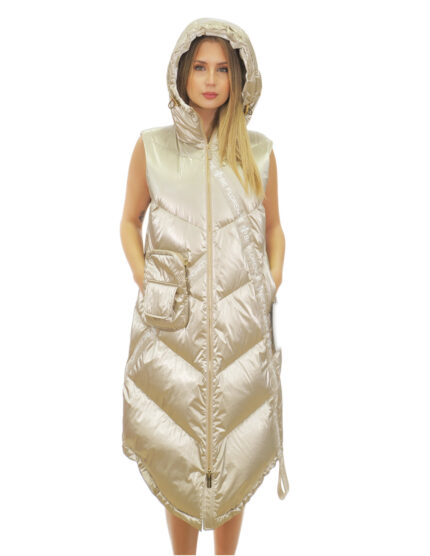 Smanicato in piumino champagne argento 54 donna lungo 112 centimetri cappuccio