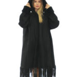 Fringed Coat 82cm 50 Black Sheepskin Hood Fur Long Sleeve External Pockets