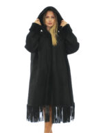 Fringed Coat 82cm 50 Black Sheepskin Hood Fur Long Sleeve External Pockets