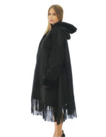 Fringed Coat 82cm 50 Black Sheepskin Hood Fur Long Sleeve External Pockets - Image 3