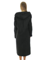 Cappotto montone nero 46 con riporti in pelle lucida nero lungo 116 centimetri cappuccio tasche boccale