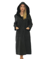 Cappotto montone nero 50 con riporti in pelle lucida nero lungo 116 centimetri cappuccio tasche boccale
