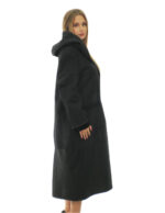 Cappotto montone nero 50 con riporti in pelle lucida nero lungo 116 centimetri cappuccio tasche boccale