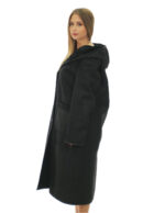 Cappotto montone nero 50 con riporti in pelle lucida nero lungo 116 centimetri cappuccio tasche boccale