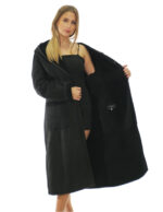 Cappotto montone nero 50 con riporti in pelle lucida nero lungo 116 centimetri cappuccio tasche boccale