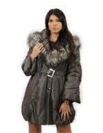 Gray down jacket size 42 with fox fur at the crater neck balloon waist belt long sleeve