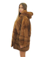 Gold Gold Mink Coat Full Leather 48 Horizontal Bottom Hood Long Sleeve Hooks - Image 3