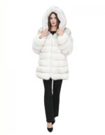 Long jacket with sleeves white 48 horizontal fox fur with leather and zip hood - Image 4
