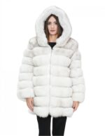 Long jacket with sleeves white 48 horizontal fox fur with leather and zip hood
