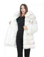 Long jacket with sleeves white 48 horizontal fox fur with leather and zip hood - Image 6