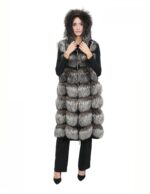 Long vest in silver fox fur 52 with hood and suede 112 cm - Image 4