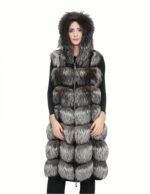 Long vest in silver fox fur 52 with hood and suede 112 cm